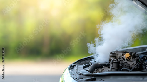 Car Trouble: Overheated engine emitting steam against a blurred green backdrop, indicative of vehicular malfunction and potential roadside assistance needs.