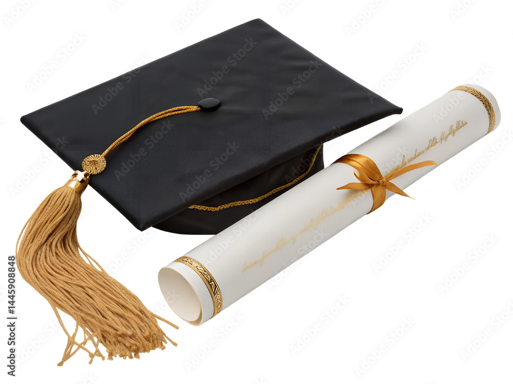 Graduation Cap and Diploma with Yellow Ribbon Isolate on transparent background cutout, PNG file, Cutout file