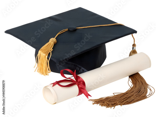 Obraz na płótnie Graduation Cap and Diploma with Red Ribbon Isolate on transparent background cutout, PNG file, Cutout file w salonie