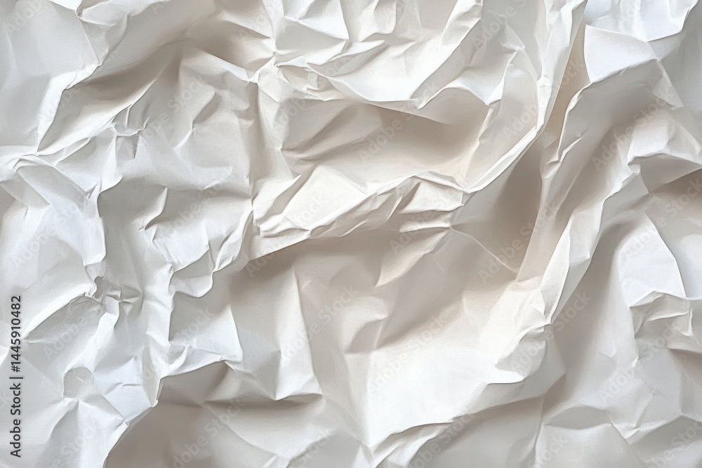 Obraz premium Crumpled white paper texture with intricate creases and folds on plain background, conveying raw authenticity and simplicity