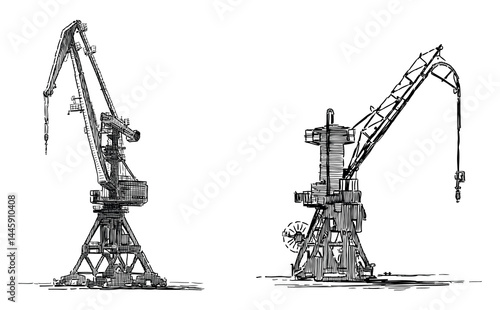 Two industrial shipment cranes in sea port,  realistic hand drawn vector illustration isolated on white