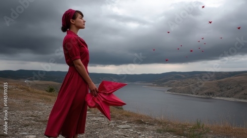 Woman in red dress holding pink paper airplane looking at flying red paper airplanes over river landscape with hills under cloudy sky