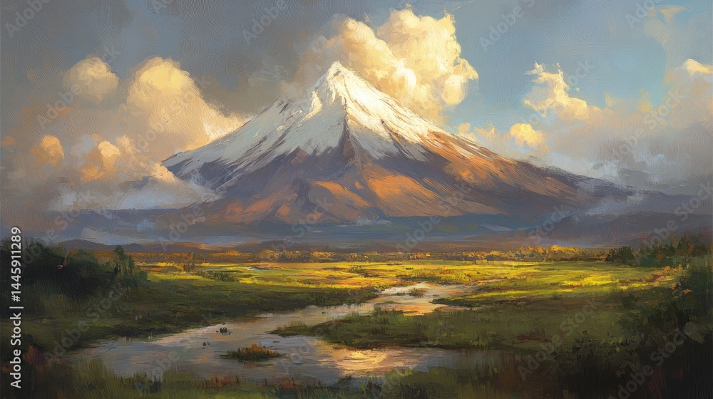 Fototapeta premium Majestic snow-capped mountain overlooking a tranquil valley.