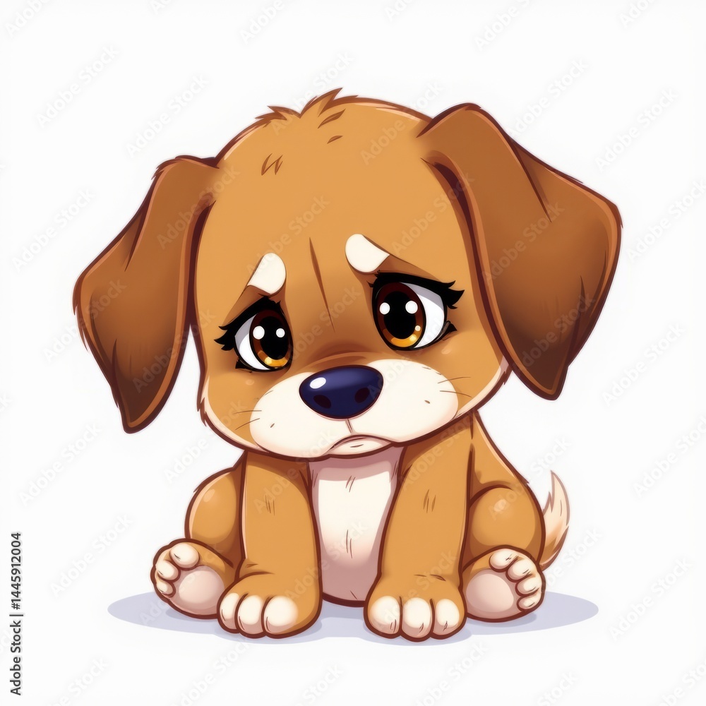 Fototapeta premium 2D style, full-body sad puppy slumped down on the ground, crisp white background