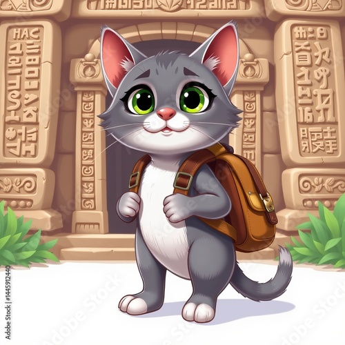 2D style, adventurous little grey cat in miniature backpack standing in front of ancient temple with hieroglyphics, clean white background