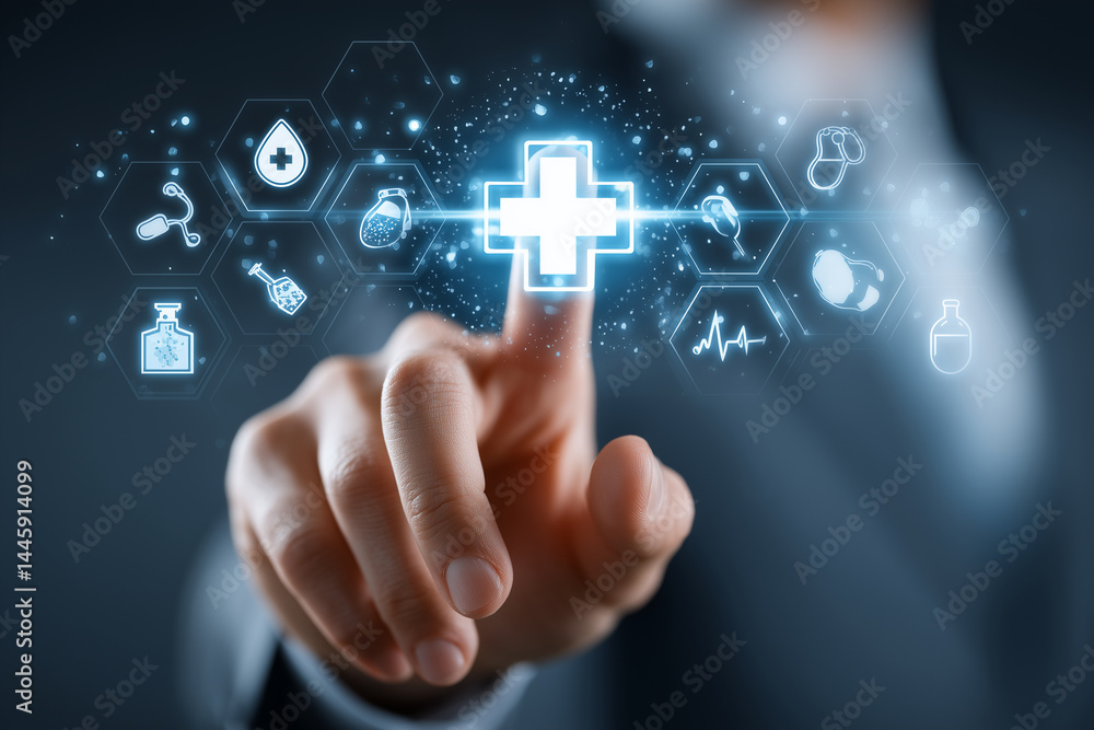 hand touching medical cross symbol with health related icons in background, representing healthcare technology and innovation hand touching medical cross symbol with health related icons in background, representing healthcare technology and innovation