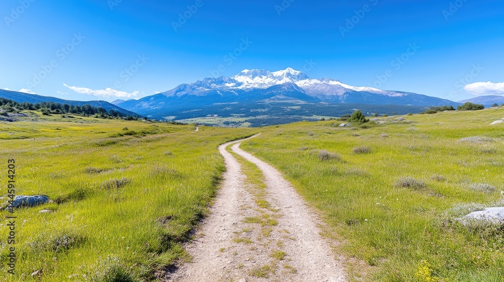 Scenic mountain path through a grassy meadow Scenic mountain path through a grassy meadow