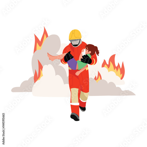 Vector illustration of a firefighter saving a girl from a fire. Cartoon scene of a firefighter in gear, carrying a girl in his arms from the fire, clouds of smoke isolated on a white background.