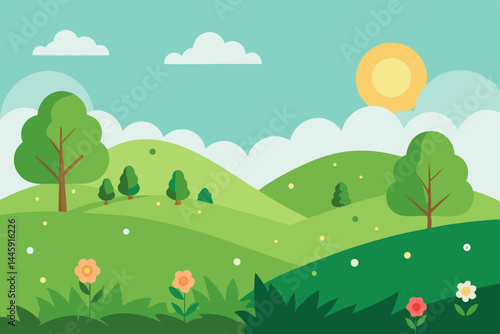 Green Grass Park Landscape with Flowers and Hills Vector