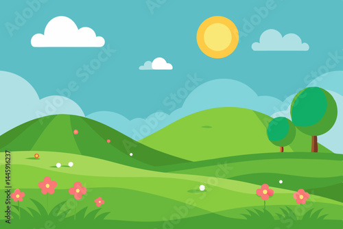 Green Grass Park Landscape with Flowers and Hills Vector