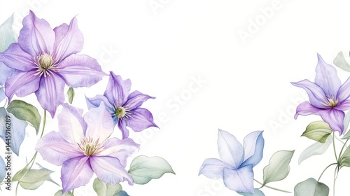 watercolor drawing of blue clematis on light backdrop. painting flowers background. illustration floral nature.  flower wallpaper for greeting cards, weddings or birthdays. Copy space. space for text