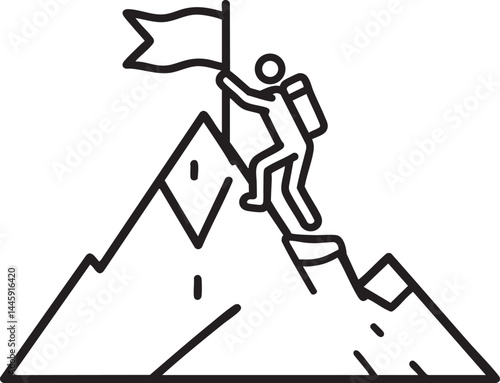 An icon of a Person Climbing a Mountain reaching the Summit With a Flag symbolizing achievement and goals.
