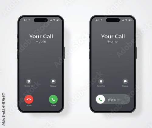 Phone Call Screen Concept UI Set with Realistic Blurry Background. Incoming Call Screen Template