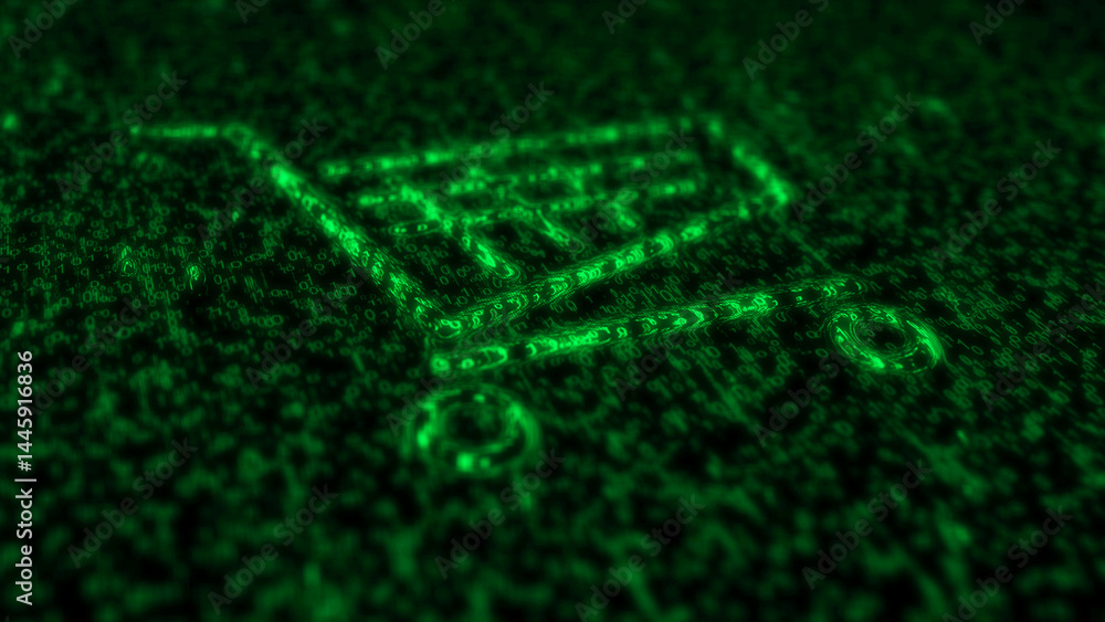 Shopping cart e-commerce business symbol matrix style 3d illustration