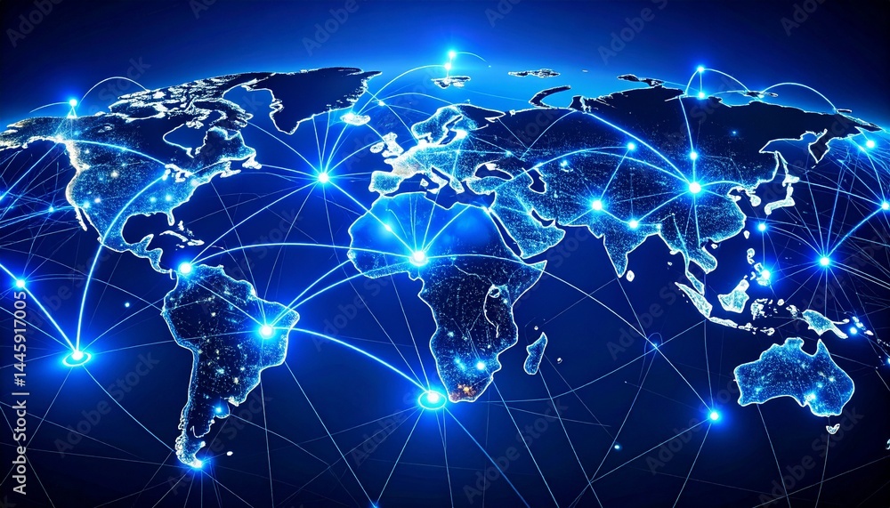Obraz premium E-commerce online shopping global reach concept. Digital world map with network connections glowing in blue.