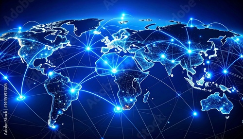 E-commerce online shopping global reach concept. Digital world map with network connections glowing in blue.