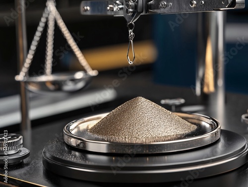 Precise metallic powder weighing on a high tech scale gleaming gold particles accurate measurement