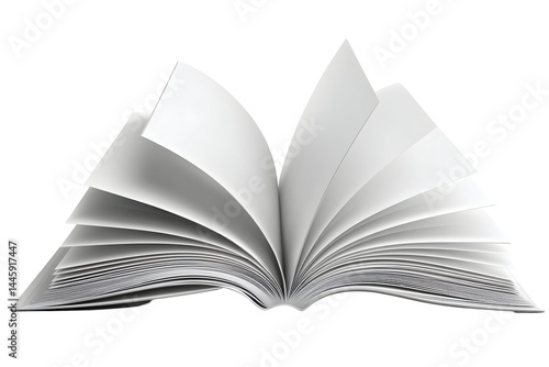 Open book with crisp white pages fanned outward, creating a dynamic, inviting, and informative composition on a transparent background