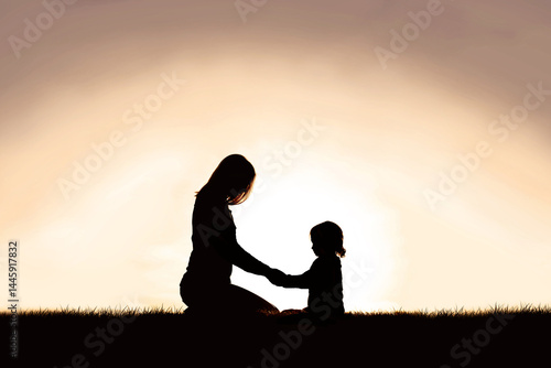 Mother Praying with her Young Child Outside at Sunset.