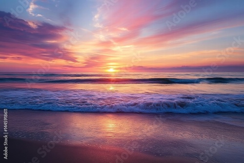 Glowing sunset over calm sea with pink and purple tones