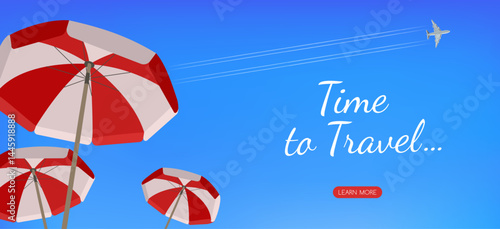 summer travel time beach banner design with beach umbrellas and airplane in the sky vector illustration