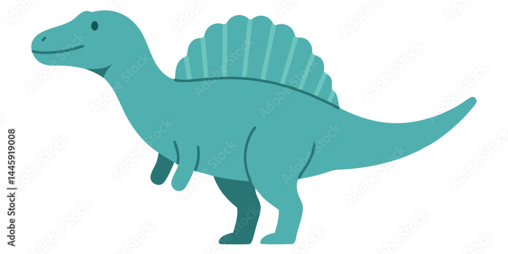 Naklejka premium Cute Cartoon Spinosaurus Smiling Against a Bright Blue Background by the Sea