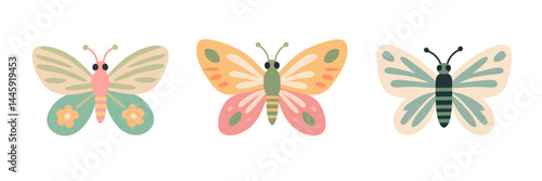 Set of three cute flat butterflies in pastel tones—green, pink, and orange. Perfect for spring designs, kids' art, nursery decor, baby shower themes, and whimsical seasonal illustrations.