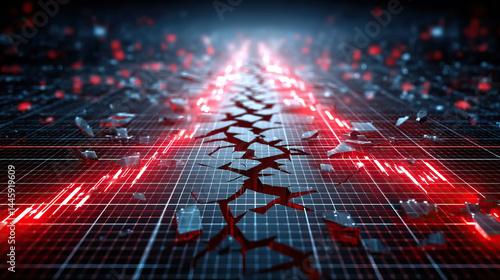 Digital finance meltdown concept with shattered glass and red glowing arrow grid background, symbolizing financial crisis