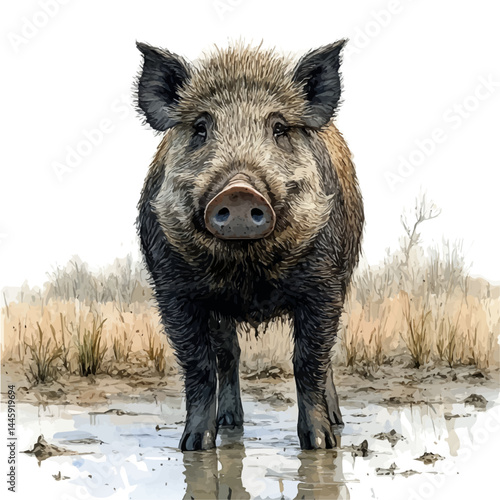 Wild Boar In A Muddy Field, vector watercolor illustration, isolated on a white background.