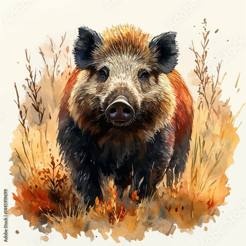 Wild Boar In A Muddy Field, watercolor vector, isolated on a white background.