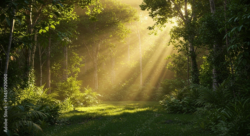 Obraz premium Sunbeams Illuminating Lush Rainforest Path Magical Forest Sunlight Photography