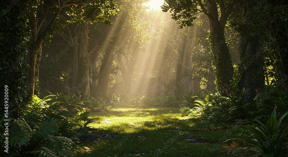 Obraz premium Sunbeams Illuminate Lush Tropical Rainforest, Tranquil Path Through Verdant Canopy, Serene Nature Scene