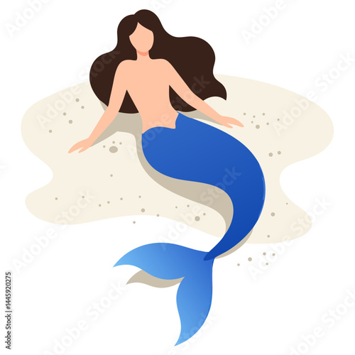 Mermaid Relaxing on the Beach with Flowing Hair and Elegant Tail by the Seaside
