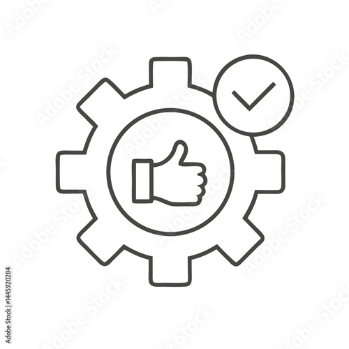 Line art icon of a gear with a thumbs up and check mark