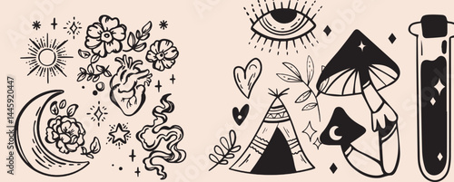 Hand-drawn vintage mystical and magic symbols illustration