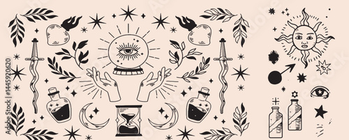 Hand-drawn vintage mystical and magic symbols illustration