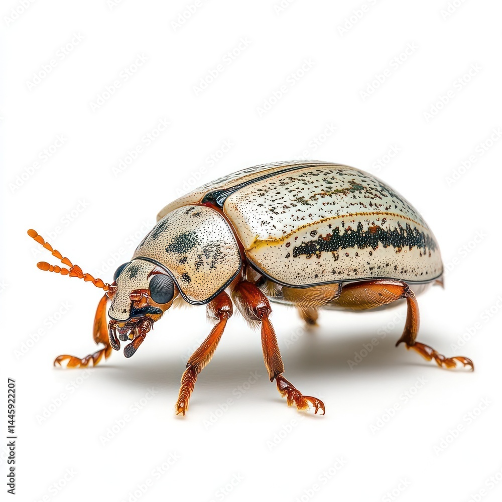 Naklejka premium Closeup macro shot of a colorful carabid ground beetle with a striped shell pattern crawling on the green foliage in a natural outdoor environment