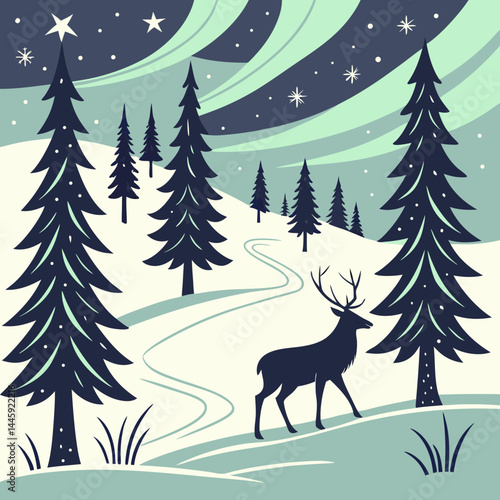 Magical snowy forest with reindeer and decorated pine trees under northern lights