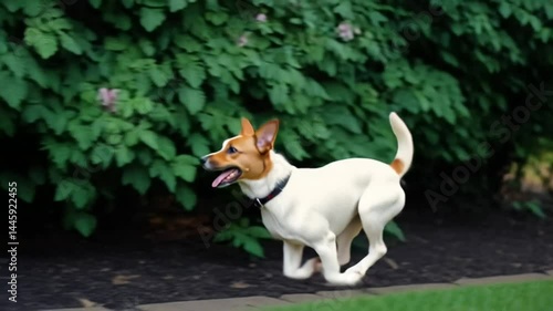 Dog running in backyard garden