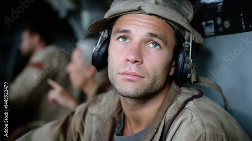 Close-up of soldier wearing headphones and hat, resting against aircraft wall during military operation