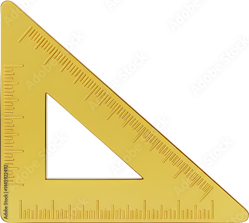 Gold Triangle Ruler: Precise Measurement, School Supply, Sleek Metallic Design on Black Backdrop for Technical Drawings and Education Visuals