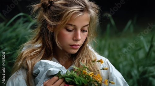 Young woman holding flowers in a natural outdoor setting with green foliage background