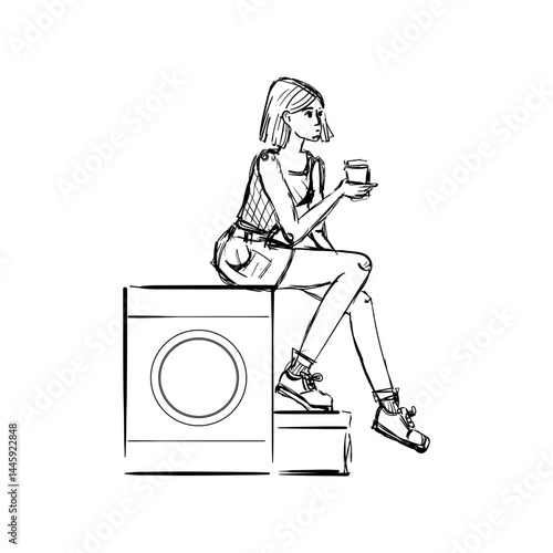 Girl Drinking Coffee on Washing Machine – Ideal for Laundry and Lifestyle Designs