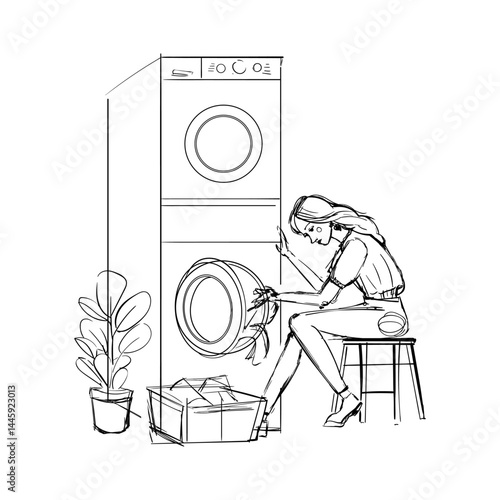 Girl Loading Clothes into Washing Machine l for Laundry and Domestic Designs