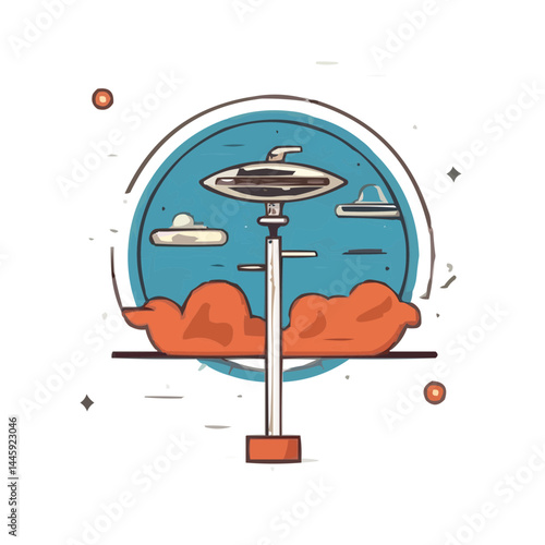 Humorous icon of spaceship flying from Earth signpost in minimal style