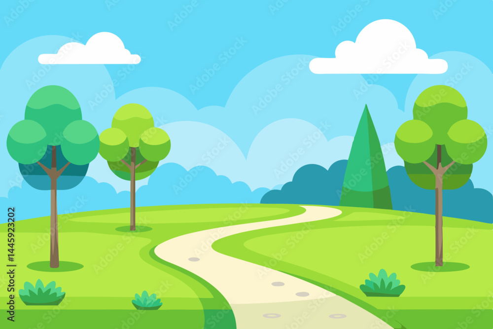 Fototapeta premium Summer Park Vector with Green Lawn and Walking Path