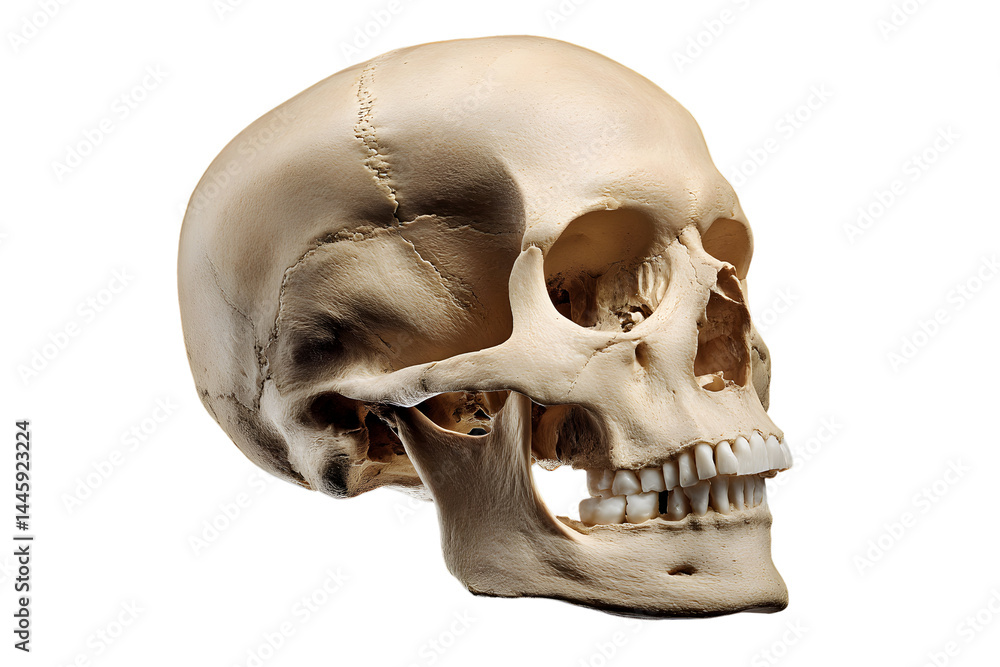 Obraz premium Anatomical skull model on a transparent background, displaying sutures and teeth