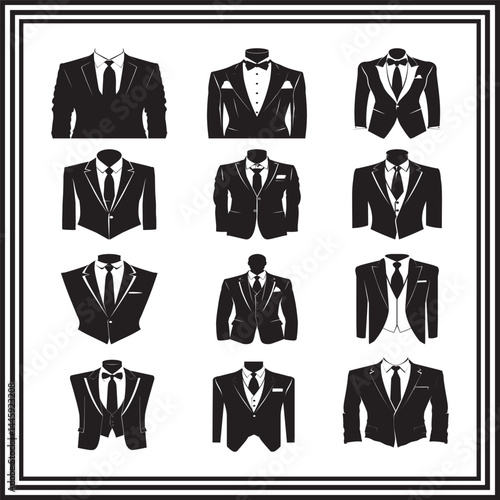 Men’s tuxedo and suit vector set – formalwear icons collection with bowties, ties, jackets, and blazers for fashion and tailoring design