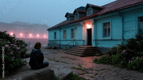 Young woman sitting on stone step outside old blue house at dusk in foggy cityscape