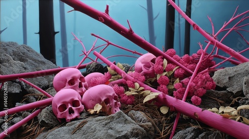 Surreal Composition of Pink Skulls and Floral Elements on Rocky Terrain in a Mythical Forest Setting